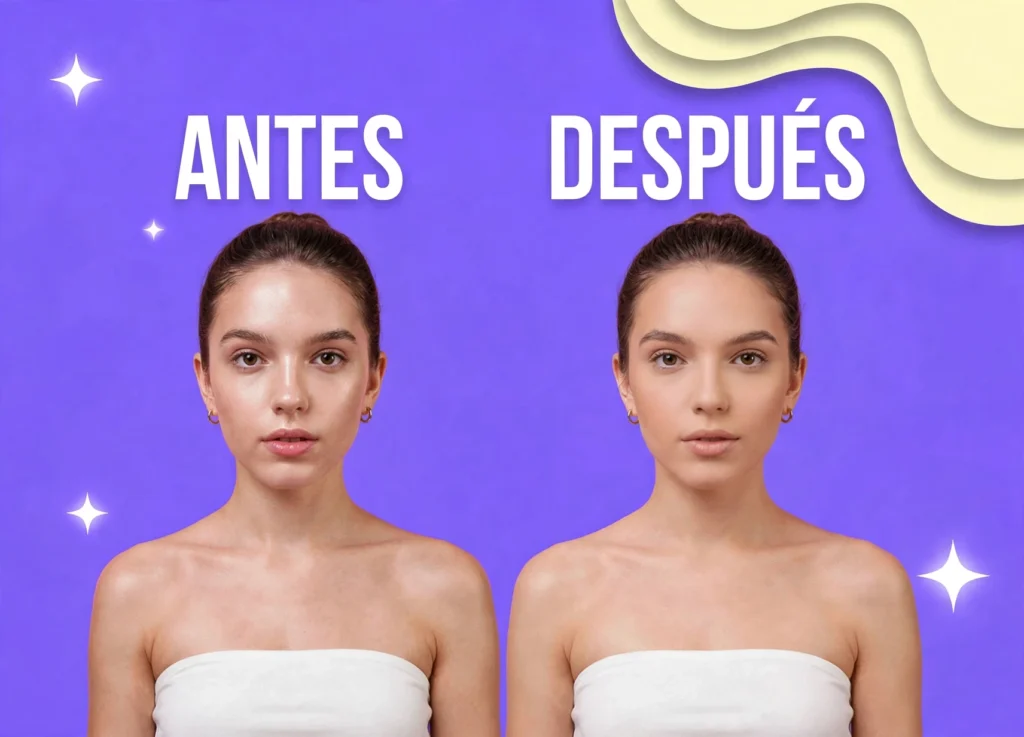 piel con brillo antes y después de aplicar polvo compacto