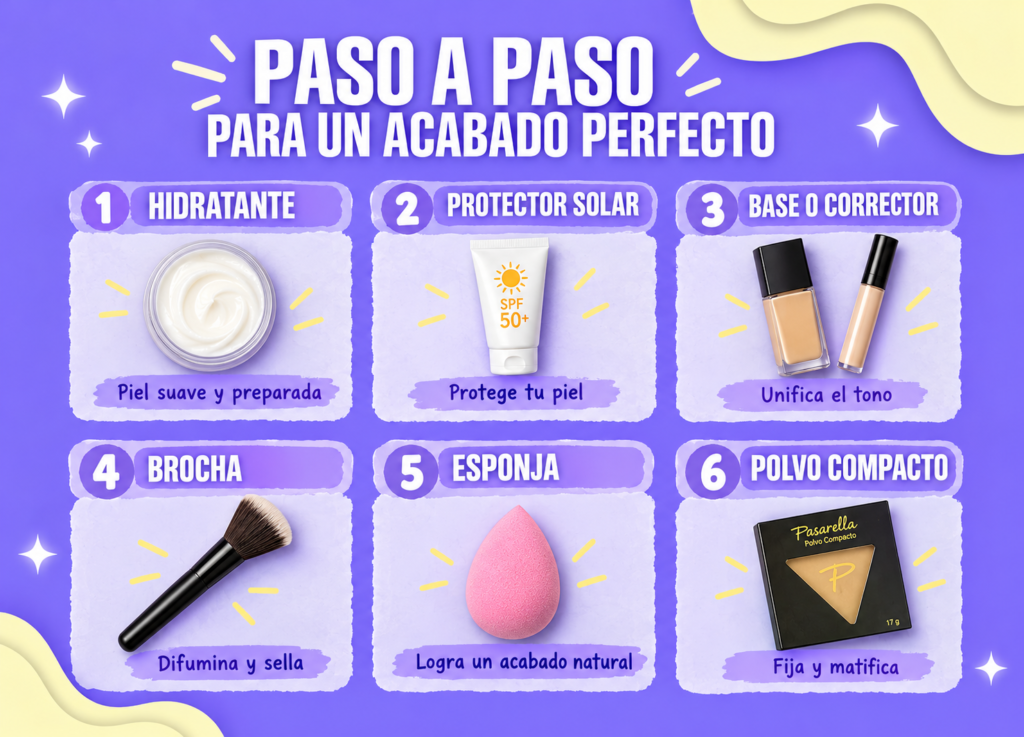 Productos necesarios para aplicar polvo compacto: hidratante, protector solar, base, brocha y esponja Productos necesarios para aplicar polvo compacto: hidratante, protector solar, base, brocha y esponja