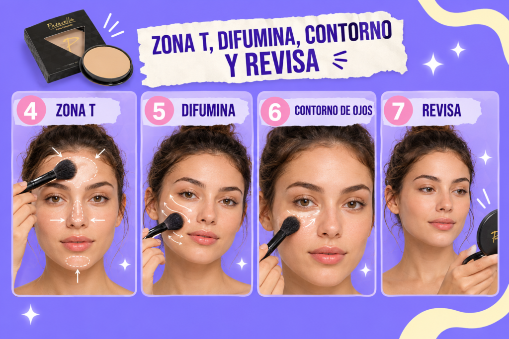 Paso a paso para aplicar polvo compacto: preparar la piel, quitar el exceso, zona T y difuminar